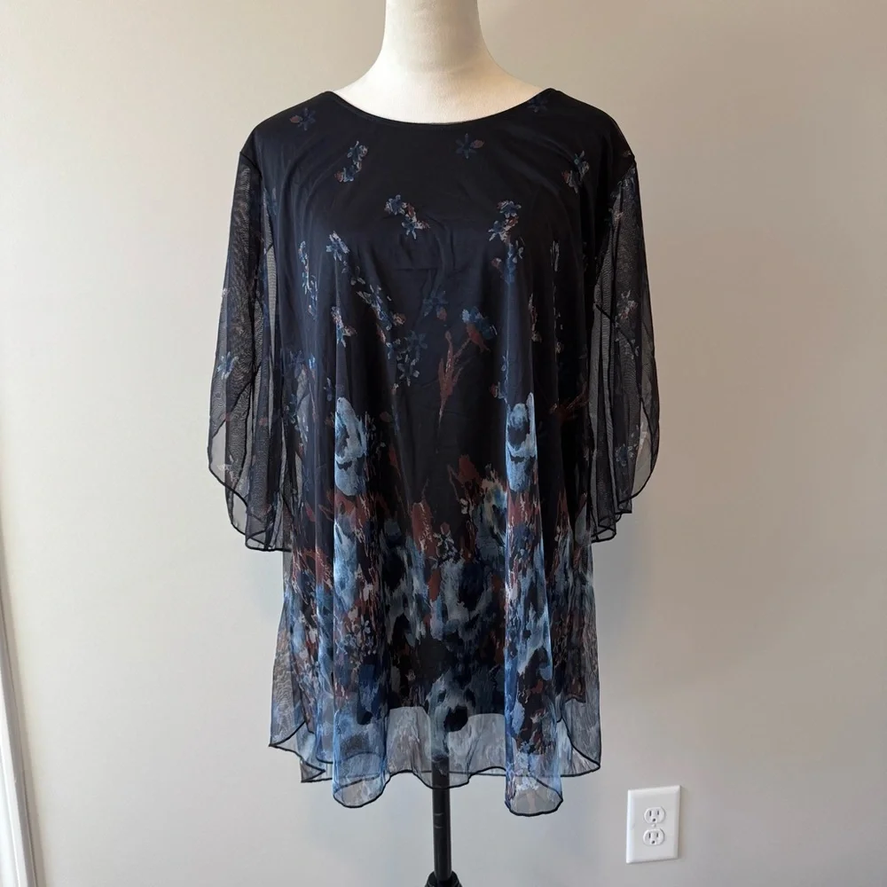 Dark Cottagecore Sheer Floral Flutter Sleeve Tunic Whimsical Flowy Top 3XL - Picture 2 of 11